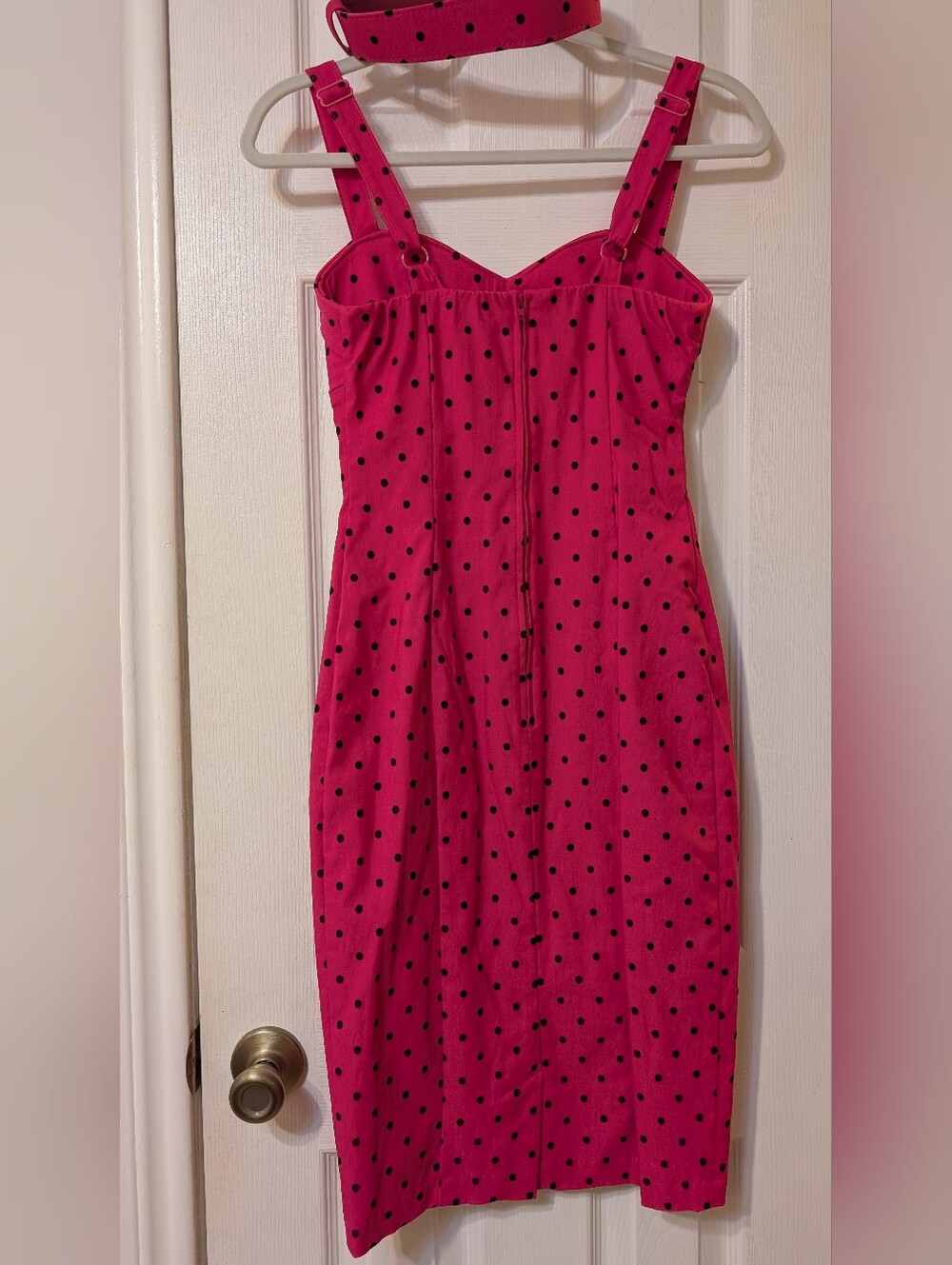 ~Hemmed for petite~ Pink Polka Dots Maneater Wiggle Dress - Picture 2 of 3